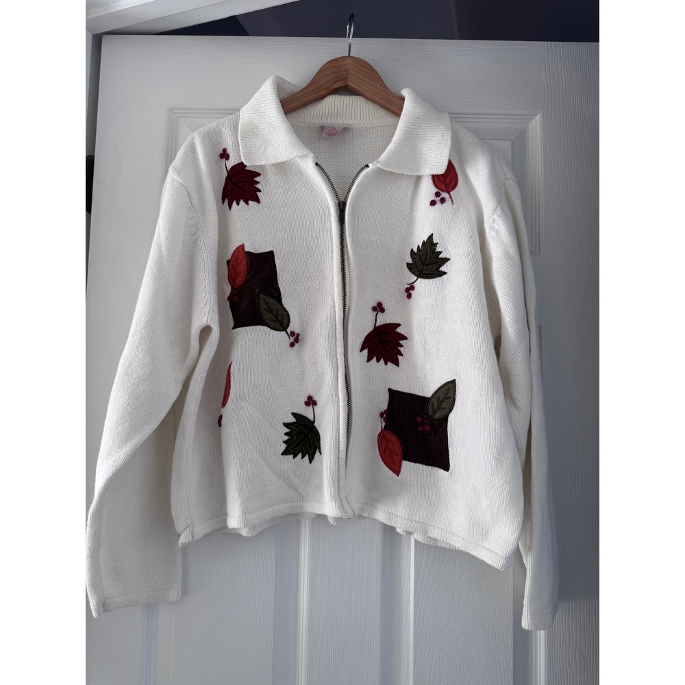 Vintage Crystal-Kobe Cream 1990's 90's‎ Fall Leaves Zipper Cardigan Sweater